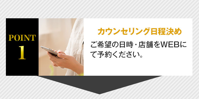 POINT1 カウンセリング日程決め ご希望の日時・店舗をWEBにて予約ください。